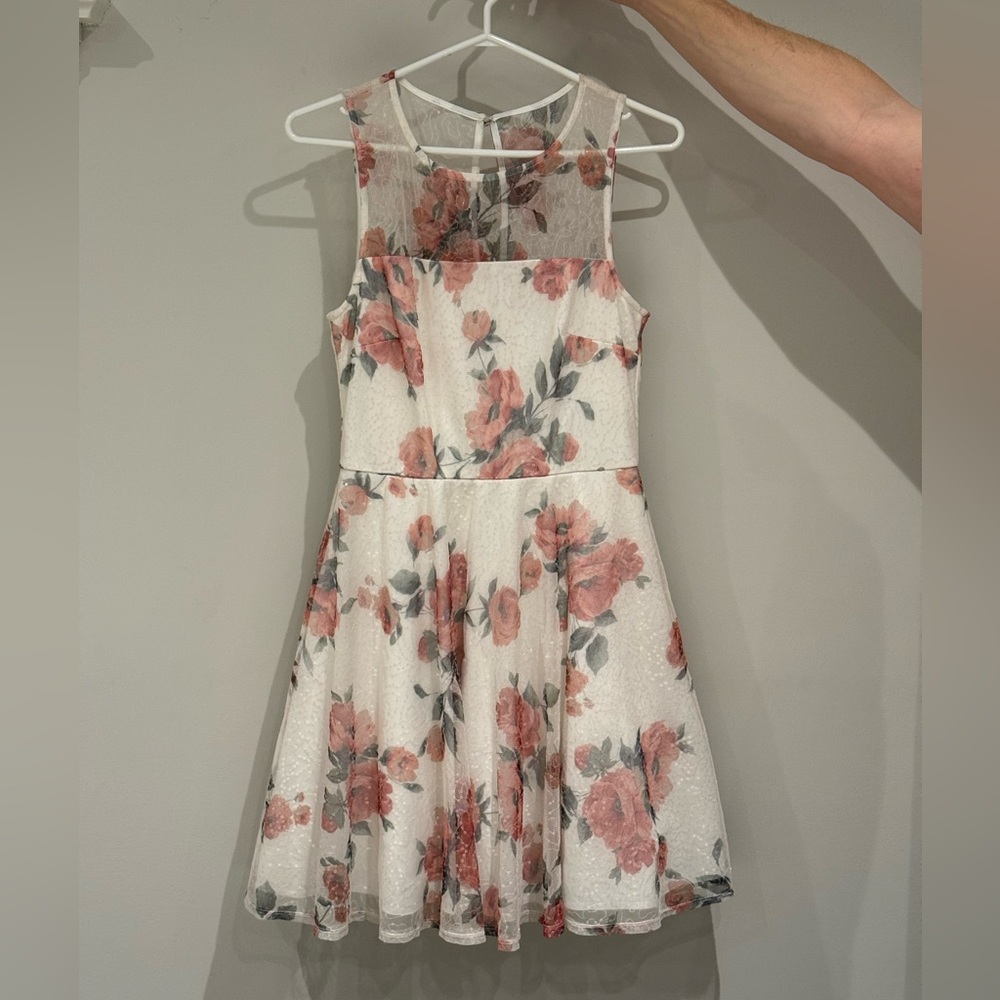 Le Chateau White and Pink Floral Midi Dress
